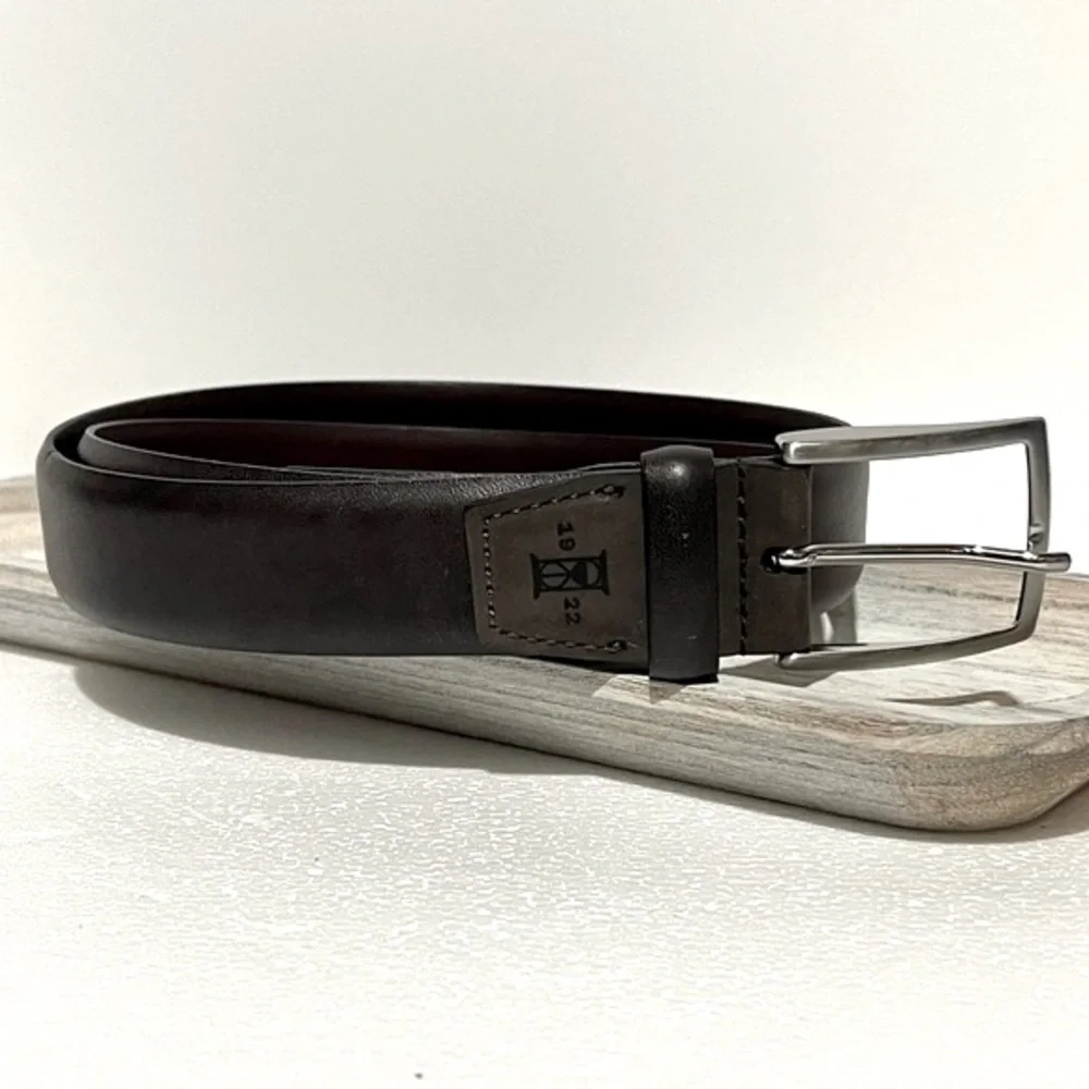 Dark Brown Leather Belt with Silver Buckle Size 40